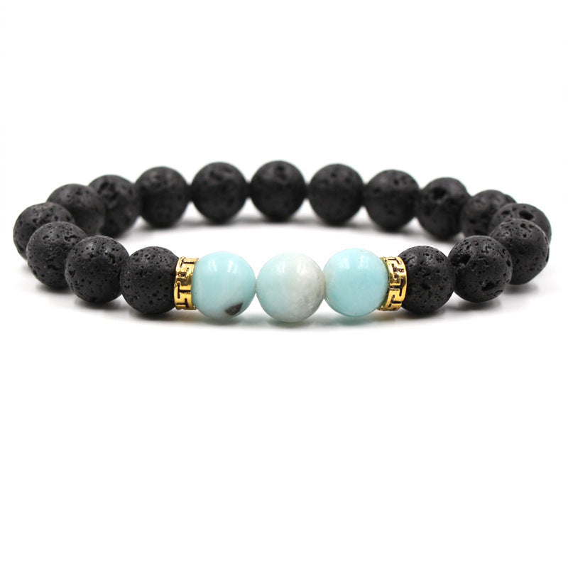 Black Lava Volcanic Stone Three Tiger Eye Stone White Turquoise Elastic Bracelet Gold