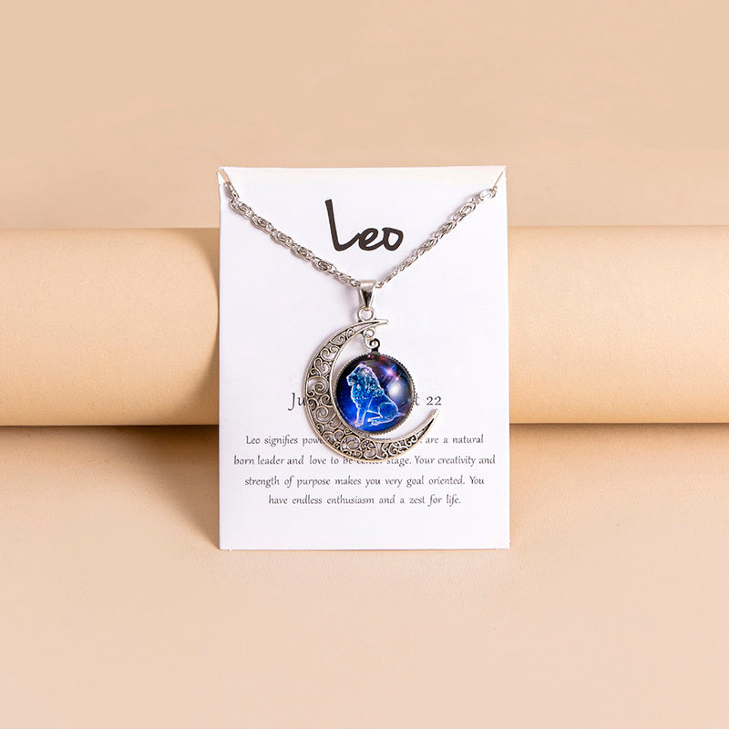 12 Zodiac Sign Glass Charms Moon Pendant Necklace For Women Girls