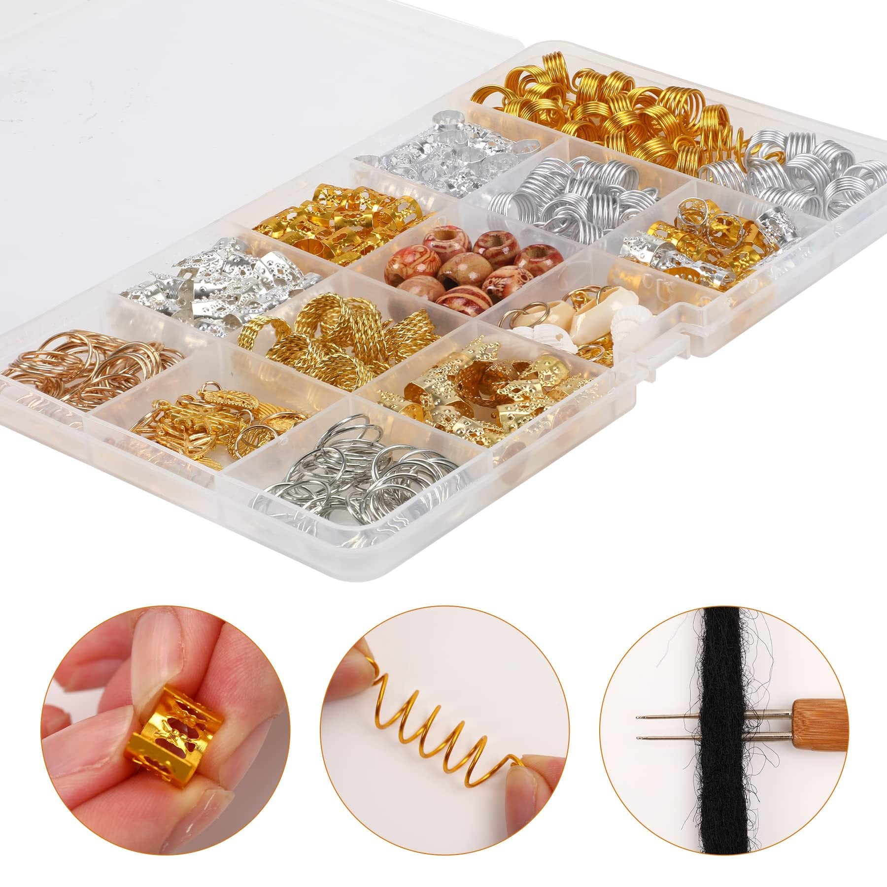 Pack Of 238 Dreadlocks Jewelry, Hair Rings, Hair Rings For Braids, With 3 Different Dreadlock Crochet Hooks, Metal, Gold, Silver, Braid Rings, Accessories For Braids Decoration