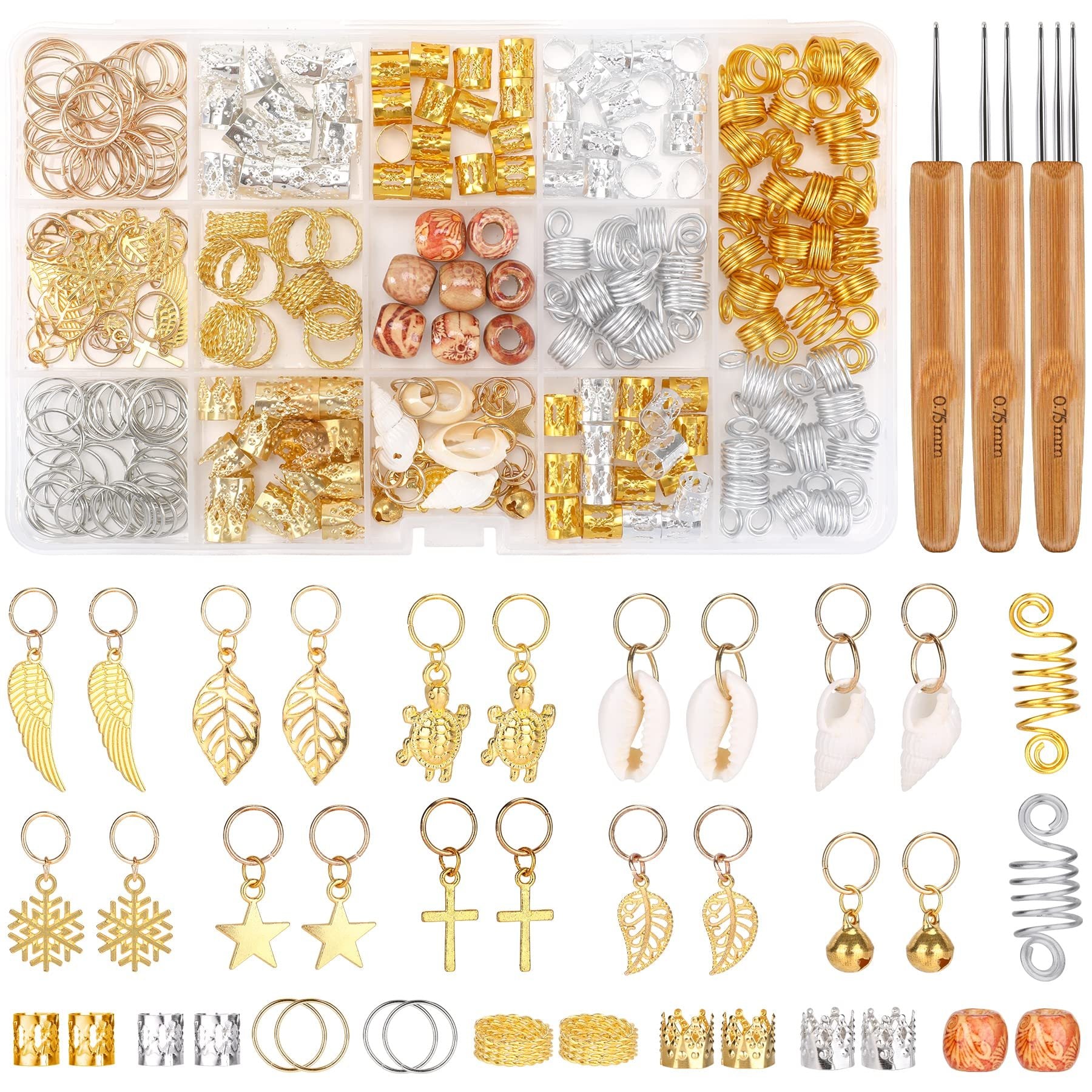 Pack Of 238 Dreadlocks Jewelry, Hair Rings, Hair Rings For Braids, With 3 Different Dreadlock Crochet Hooks, Metal, Gold, Silver, Braid Rings, Accessories For Braids Decoration